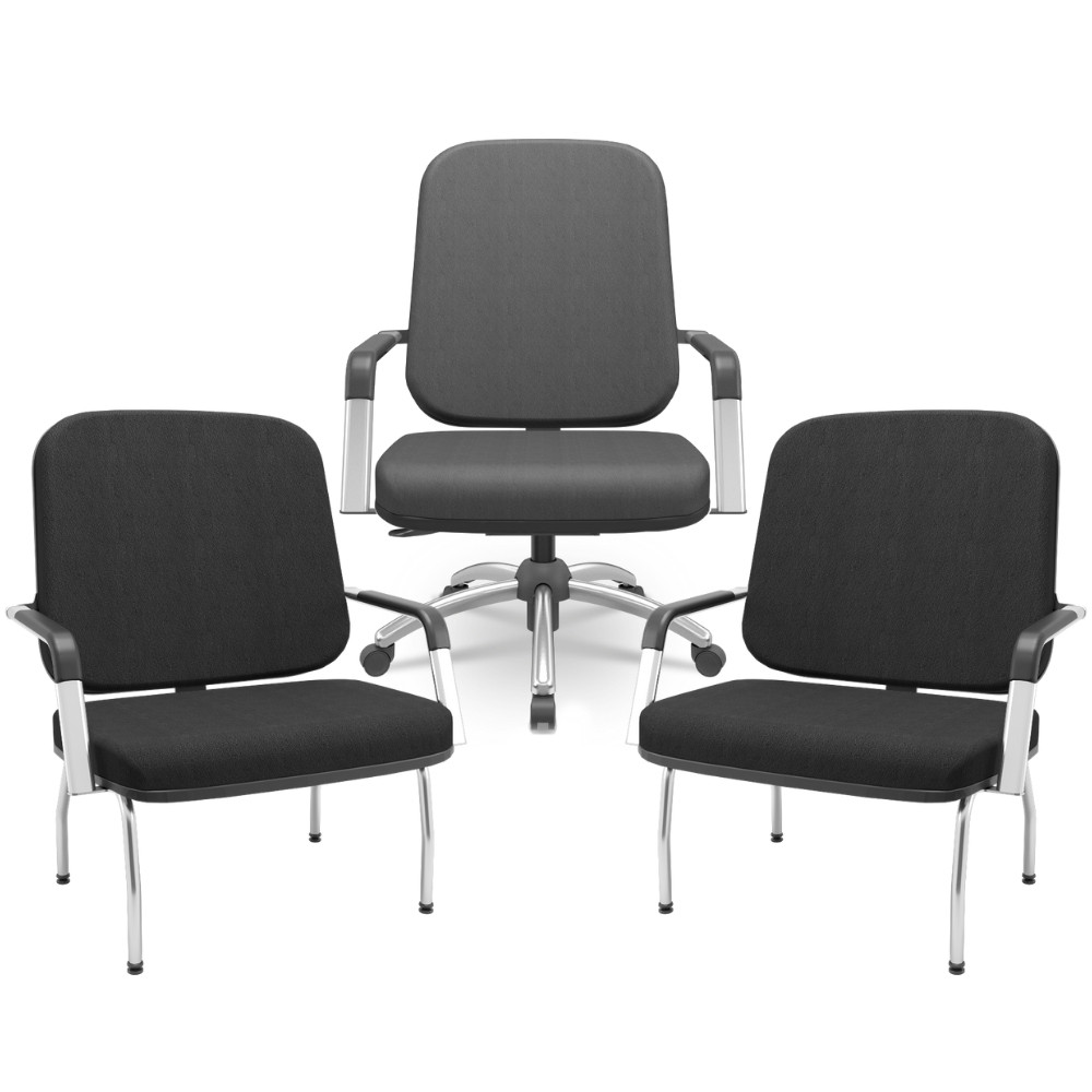 Kit Cadeira de Escritório Giratória e 2 Cadeiras Fixas Cromada Magno P03 Crepe Preto - Lyam Decor