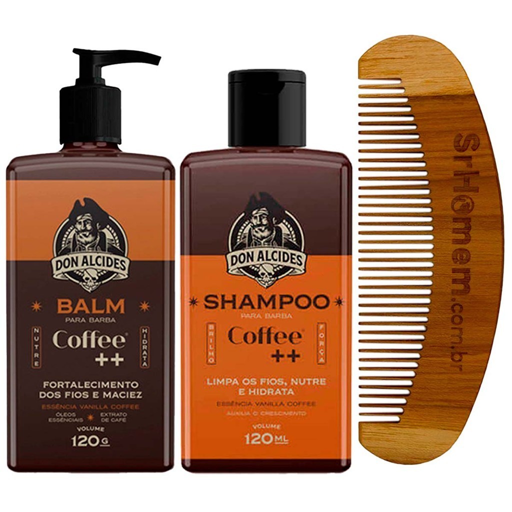 Kit Balm Shampoo e Pente Curvo Para Barba Coffee Don Alcides