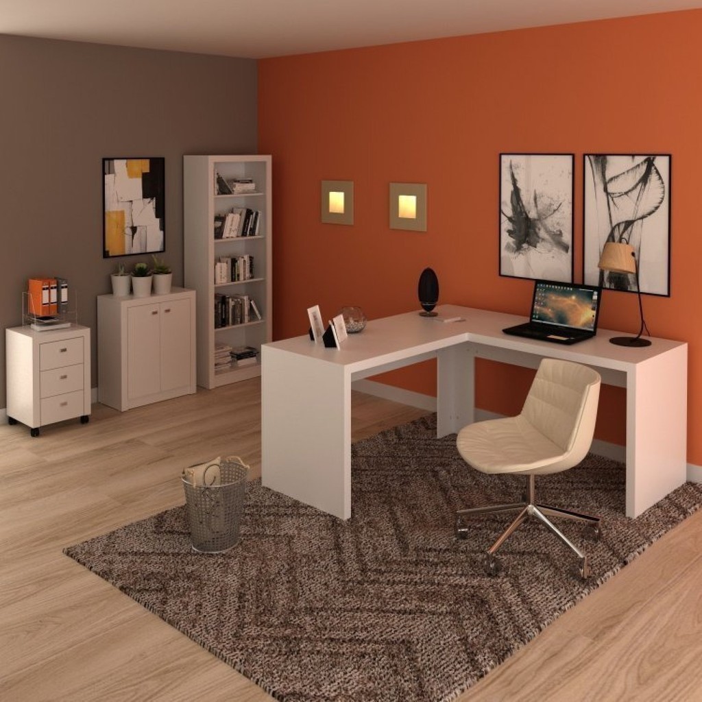 Conjunto 4 Peças com 1 Mesa em L 1 Balcão 1 Gaveteiro 1 Estante Espresso Móveis Branco Branco