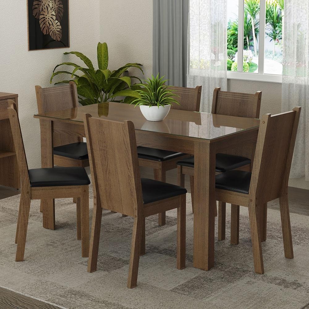 Conjunto Sala de Jantar Mesa Tampo de Vidro 6 Cadeiras Rustic/Sintético Preto Isla Madesa em Oferta na Shopee