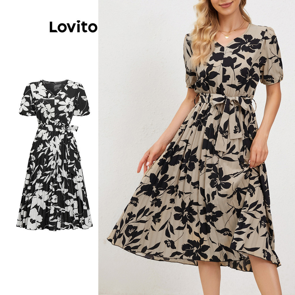 Lovito Casual Vestido Feminino Floral com Cinto LNE27236 (Multicor)