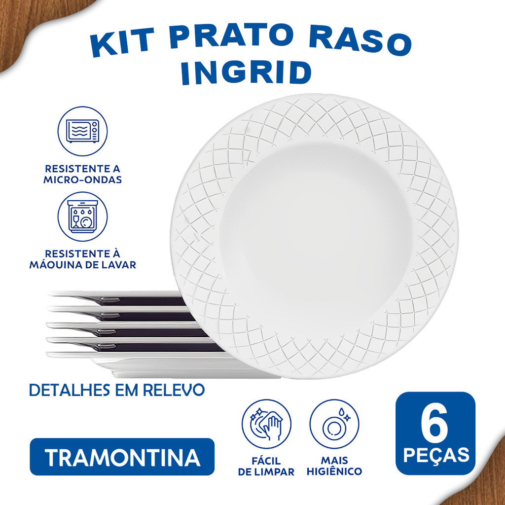 Aparelho De Jantar Jogo de Pratos Rasos 27 cm Tramontina Ingrid em Porcelana Decorada 6 Peças