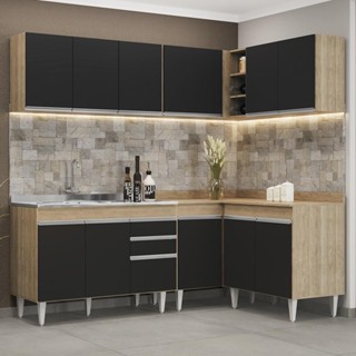 Armário de Cozinha Modulado de Canto 6 Peças CP30 com Pia Inox Castanho/Preto - Lumil em Oferta na Shopee
