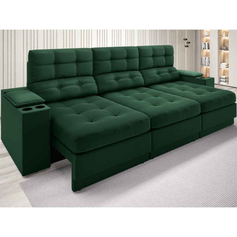 Sofá com Porta Copos e Carregador USB Eureka 2,30m  Assento Retrátil e Reclinável Velosuede Verde - NETSOFAS em Oferta na Shopee