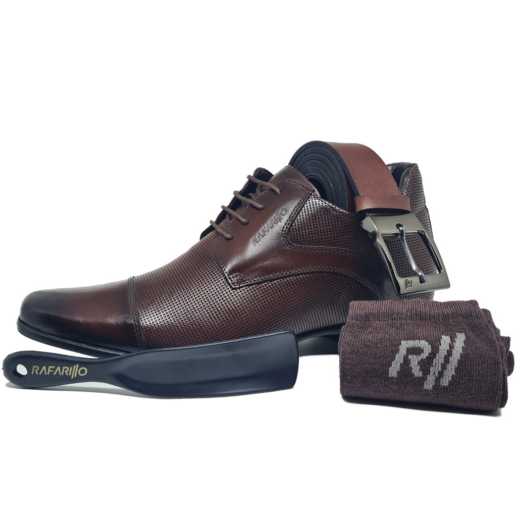 Kit 4 Em 1 Sapato Social Rafarillo Em Couro Café Marrom Aumenta Altura 7cm + Cinto Meia Calçadeira