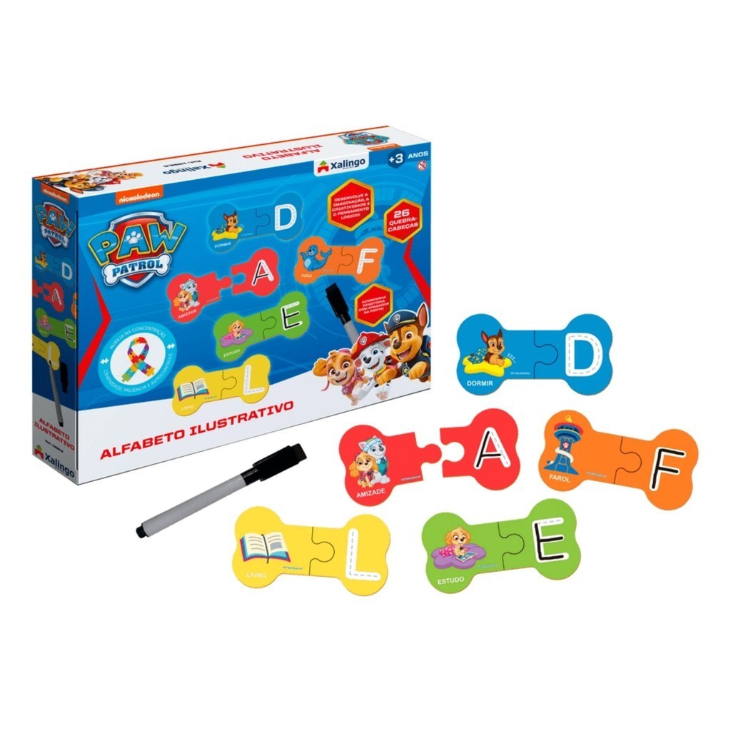 Jogo Infantil Alfabeto Ilustrativo Patrulha Canina 26 Peças para Crianças a Partir de 3 Anos Xalingo - 13965 em Oferta na Shopee