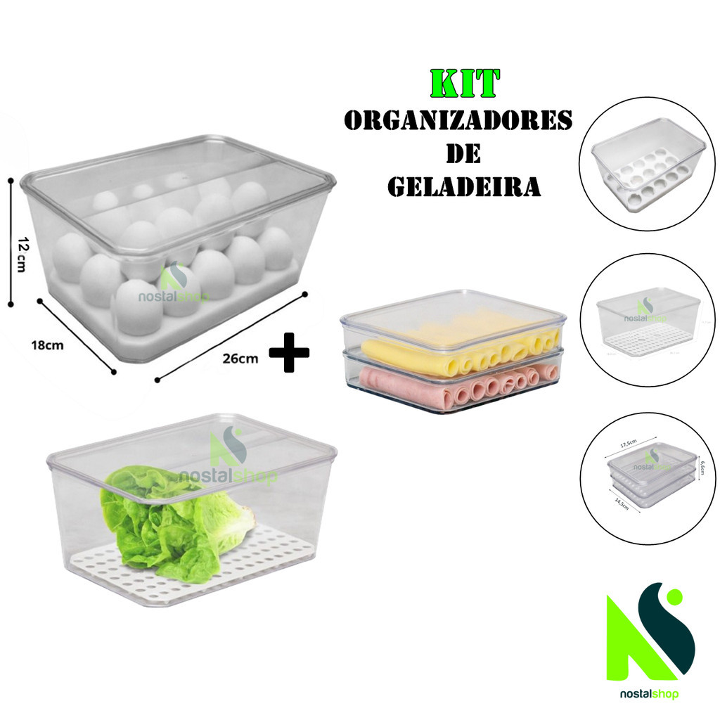 Kit Organizador de Geladeira 4 litros  Com Tampa Pote Porta Ovos Frutas Salada Legumes Porta Frios