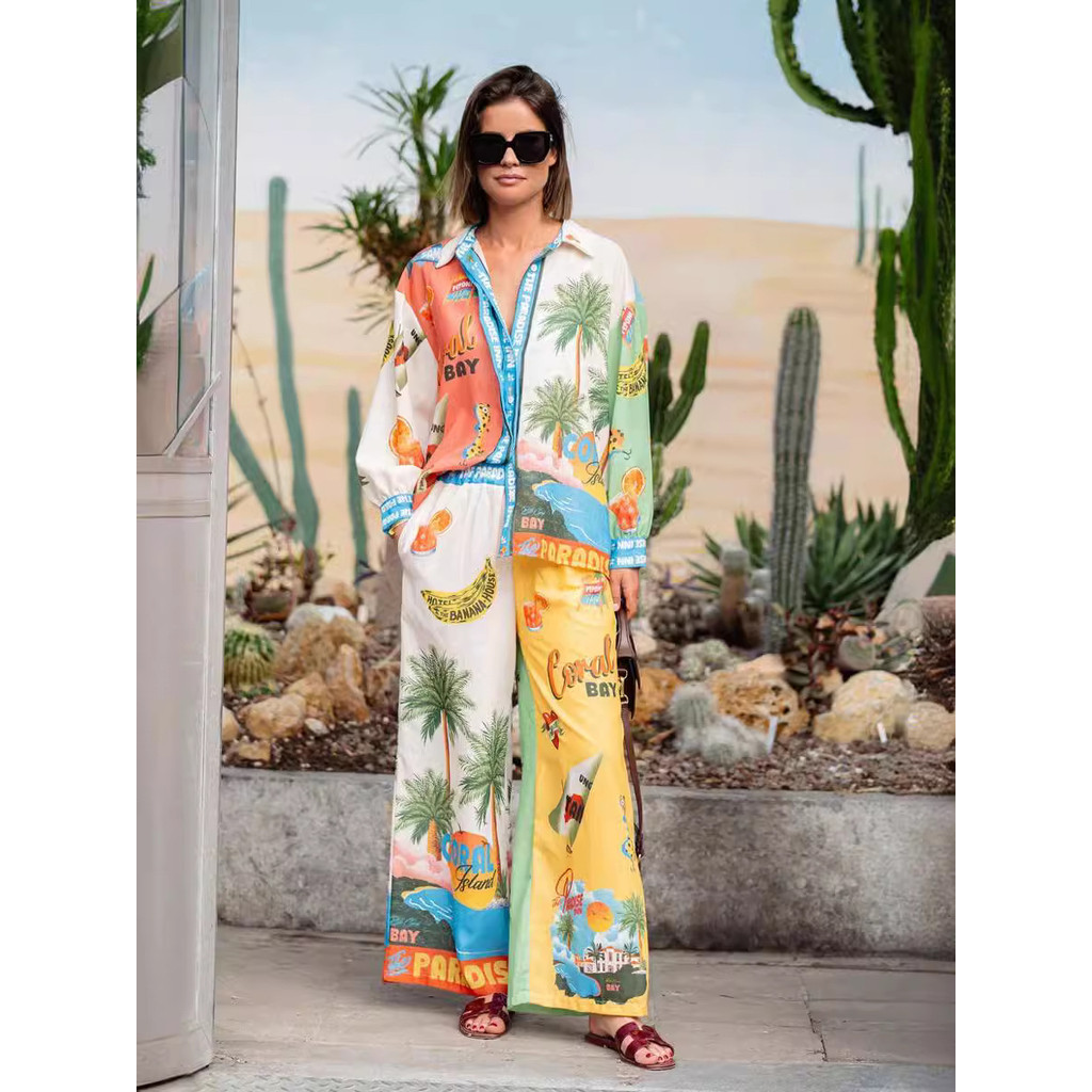 Conjunto de amarração de lazer de férias de linho impresso de moda e personalidade (6941)