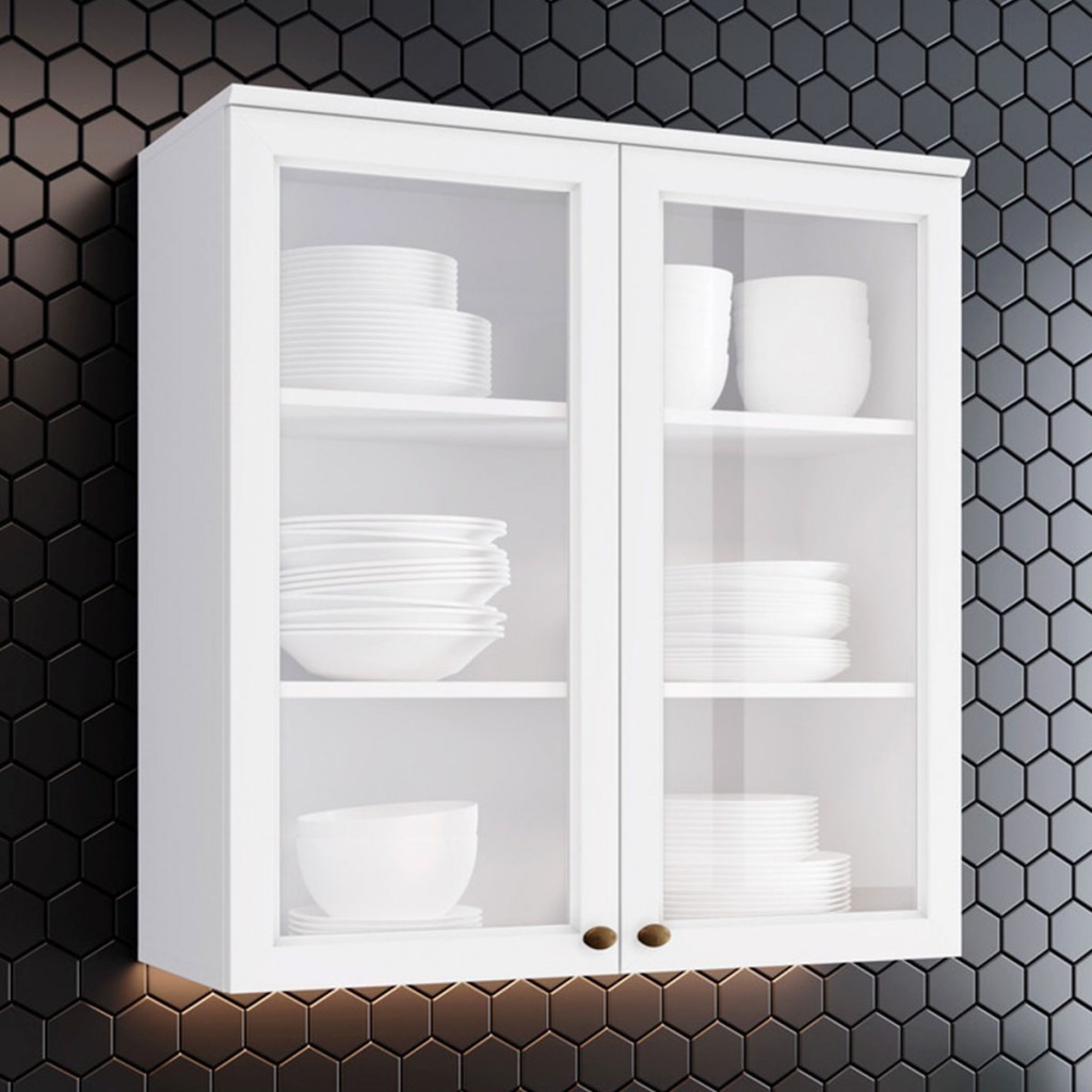Armário Aéreo Cozinha Americana 2 Portas com Vidro Branco - Henn em Oferta na Shopee