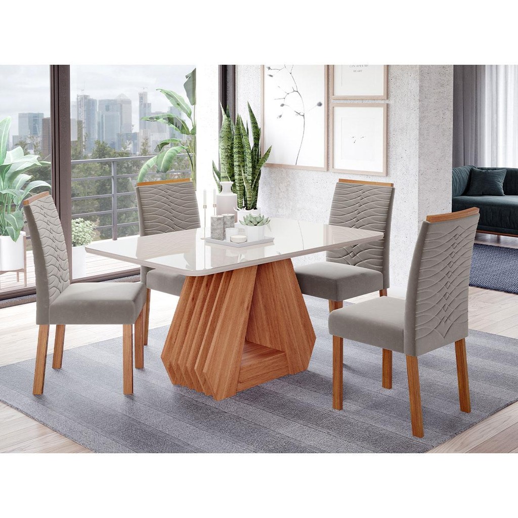 Conjunto de Mesa de Jantar Tampo de Vidro Off White Agata 1,30 e 4 Cadeiras Clarice WOOD Cinamomo/Madeira/Joli