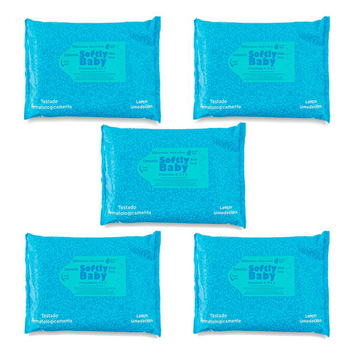 Lenços Umedecidos Higiene Limpeza Banho Bebê Softly Baby 5 pacotes com 100 Unidades Vitaminas A C E Aloe Vera Camomila