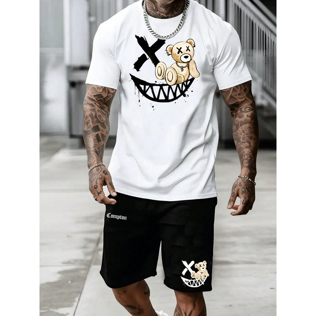 Conjunto Masculino Urso Compton Camiseta Streetwear Masculina + Bermuda Moletom Estampada