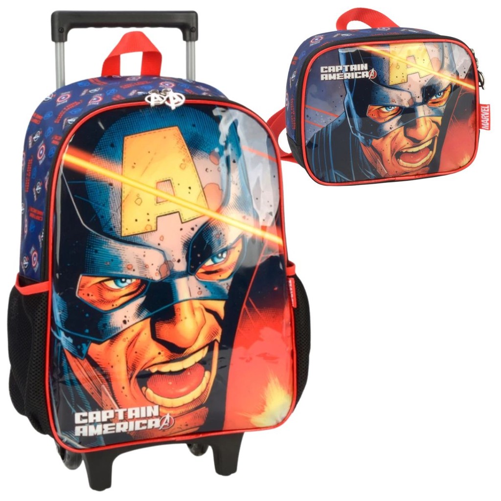Kit Mochila Rodinhas Capitão América Lancheira Escolar Heróis Infantil Luxcel