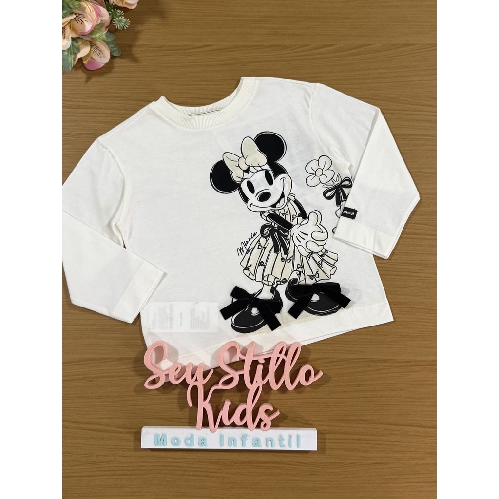 Blusa Infantil Animê Inverno Manga Longa Branco com Laço Minnie e Mickey Disney