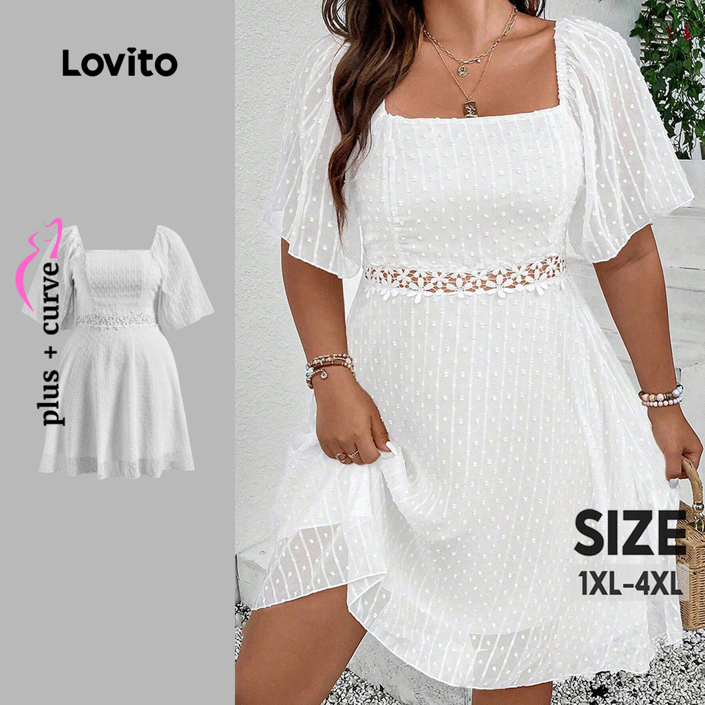 Lovito Vestido Elegante Curva Plus Size Tecido Jacquard Costura Vestido De Verão/Primavera Para Mulheres LBL22624 - Women Clothes