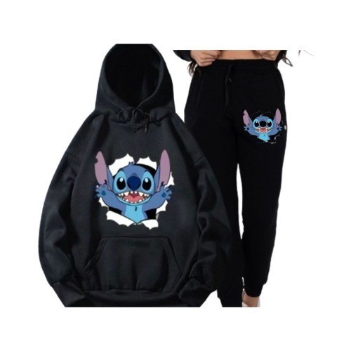 Conjunto Moletom Blusa capuz e Canguru +Calça Lilo Stitch Desenho Feminino tendência America lançamento outono/inverno
