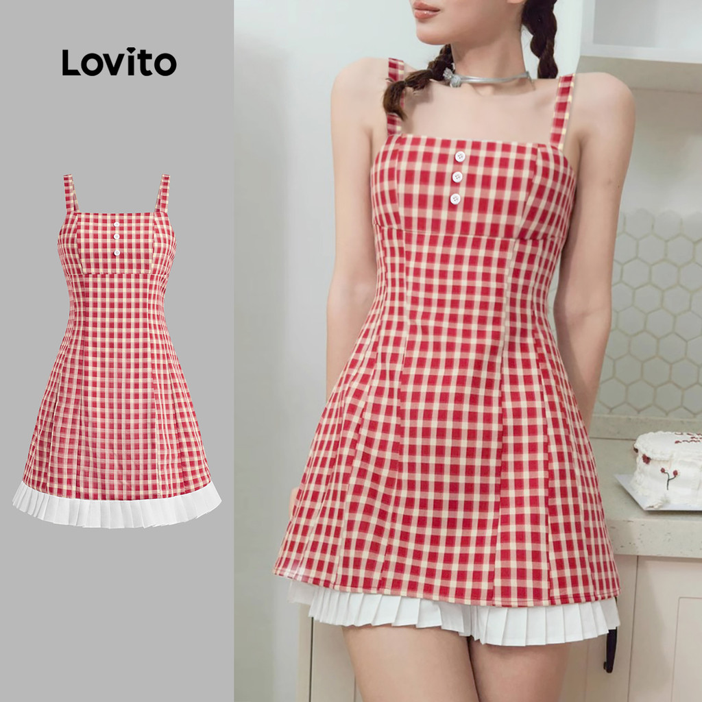 Lovito Vestido Casual Xadrez Com Botões Falsos 2 Em 1 E Pregas Para Mulheres L125AD203