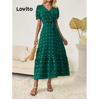 Lovito Boho Vestido Feminino de Bolinhas Jacquard com Cintura Elástica e Bainha de Babados LBL09003