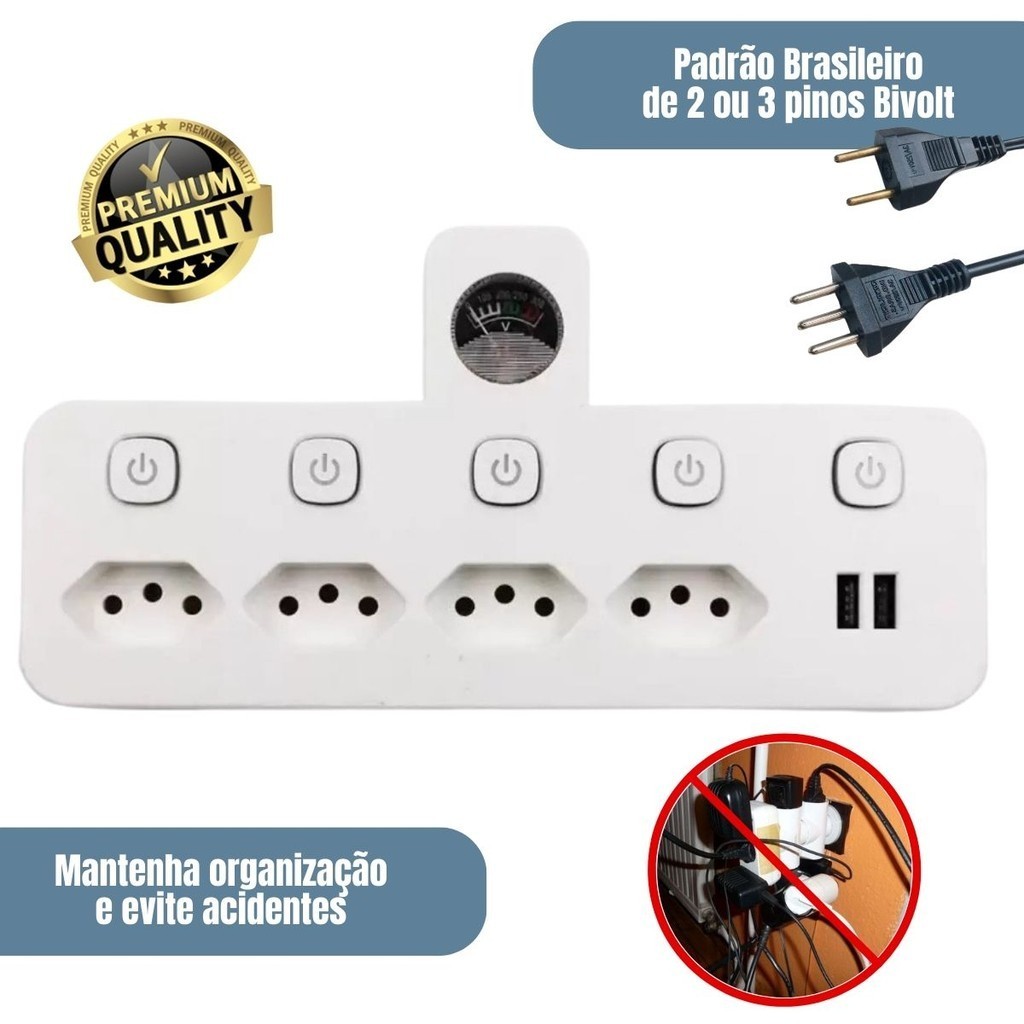 Filtro De Linha Com Adaptador  para 4 Tomadas + 2 Usb e medidor de Voltagem 110-220V em Oferta na Shopee