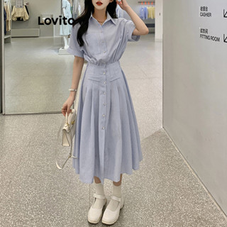 Lovito Vestido Casual com Botões Frontais Falsos e Bolsos para Mulheres LNL38095 (Alperce/Azul)
