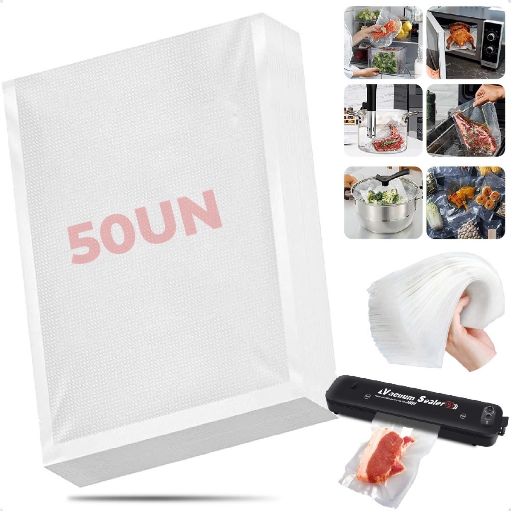 Kit 50/30 Un Saco Saquinho Plástico Transparente Com Ranhuras Para Seladora A Vácuo Conservar Alimentos