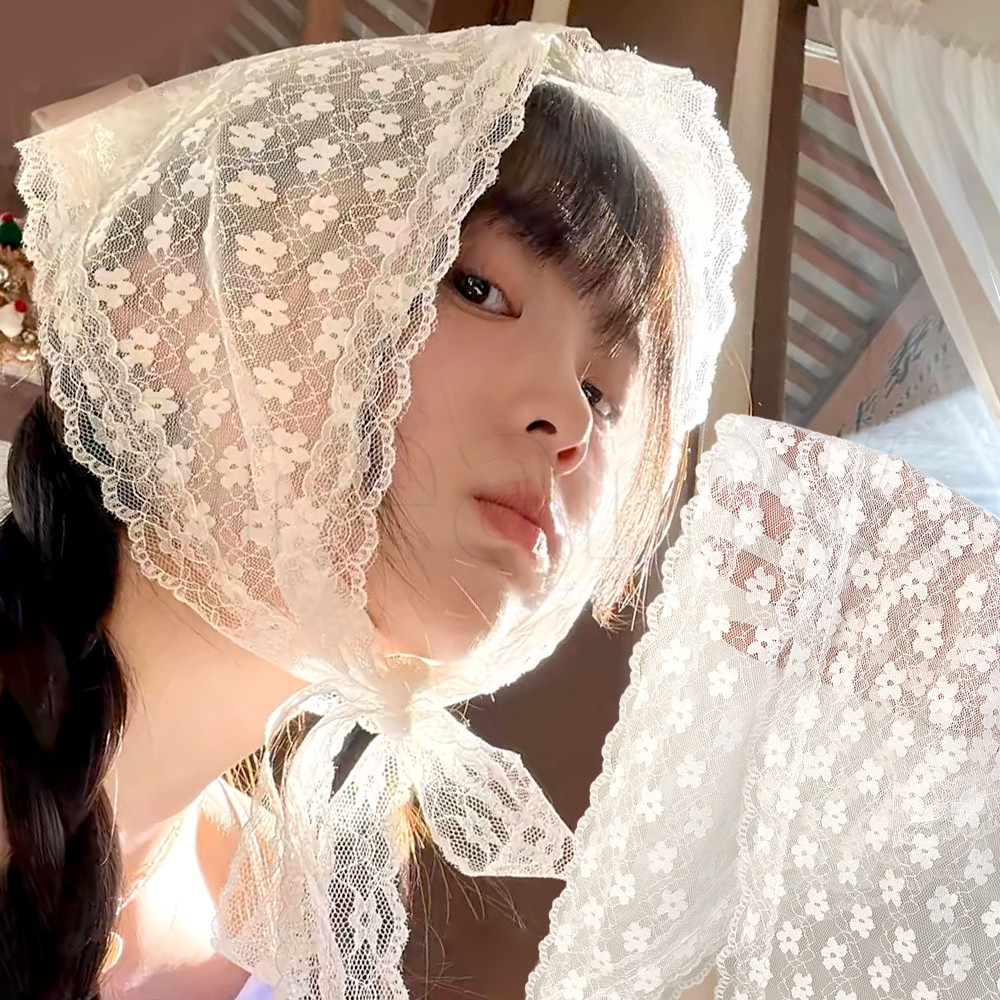 Lenço Triangular Floral De Renda Branca-De Cabeça De Seda Oco-Turbante Fotográfico De Viagem-Para Mulheres E Meninas-Alç