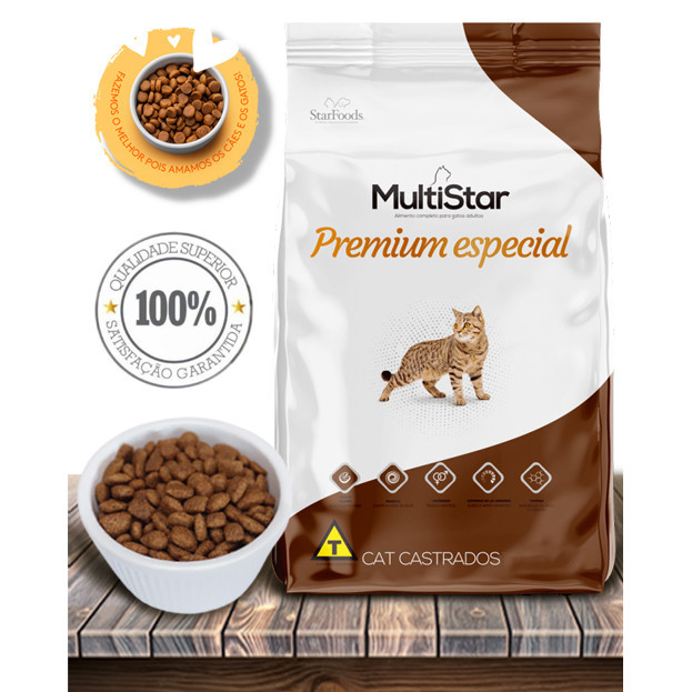 Ração Seca Multi Star Cat Premium Especial Sabor Salmão para Gatos Adultos Castrados - 10,1Kg