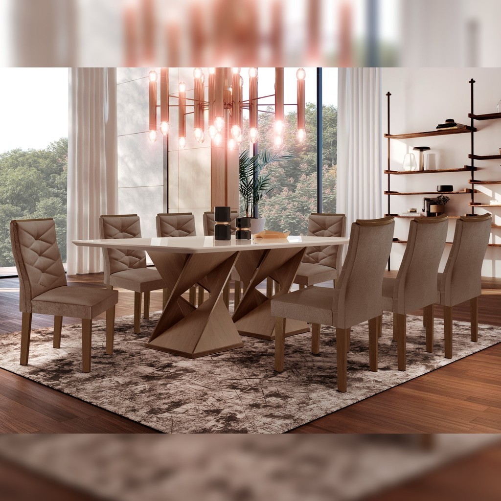 Conjunto Mesa com Vidro e 8 Cadeiras 200cmx90cm Barcelona Yescasa Chocolate/Off White/Sued...
