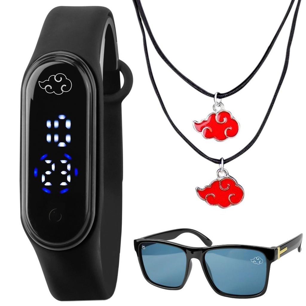 Relogio digital prova dagua infantil + oculos + colar naruto adolescente silicone resistente data