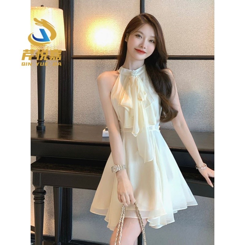 Vestido Feminino de Verão Feminino Sem Manga de Cintura Estreita Sem Manga Vestido Feminino de Verão Sexy Halterneck Saia Curta QLYY
