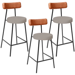 Kit 03 Banquetas Baixa Bar Cozinha Sala Jantar Milão L02 Couríssimo Camel Linho Bege - Lyam Decor