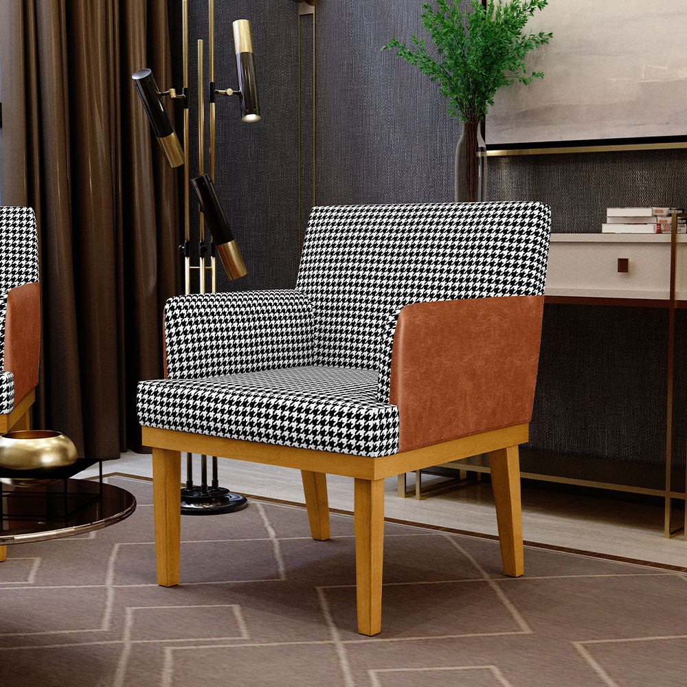 Poltrona Decorativa Base Mel Beatriz W01 Suede Pied Poule Couríssimo Camel - Lyam Decor em Oferta na Shopee