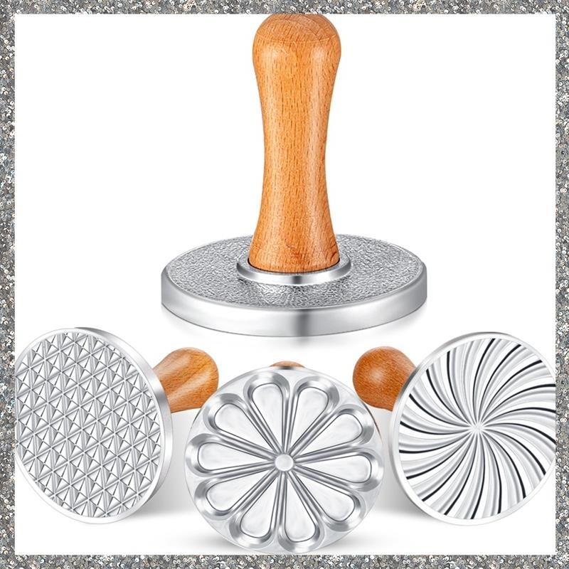 [D K Z C] 3Pcs Selos De Biscoitos Conjunto De Moldes De Metal Para Prensa Com Cabo De Madeira Cortadores De Bolos De Biscoito Assar , Artesanato Fino