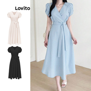 Lovito Casual Liso Vestido Evasê Feminino com Cinto L65ED138 (Damasco/Azul)