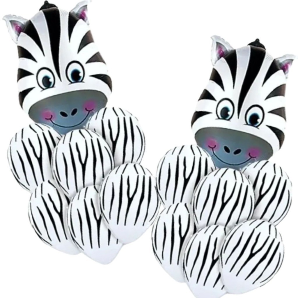 Kit Celebração Safari Zebra: 2 Balões Metalizados Zebra ± 63 Cm + 25 Balões Látex Estampados N9 Zebra