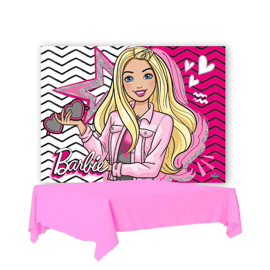 Kit festa Barbie Decoração Toalha Plástica Rosa Claro + Painel TNT