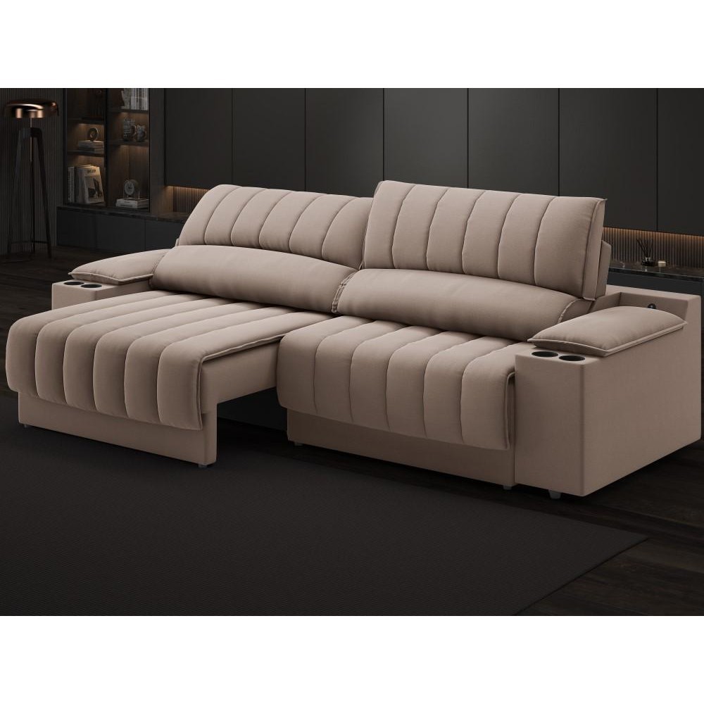 Sofá com Porta Copos Carregador USB Ret Rec Murano 2,50m Velosuede Marrom - NETSOFAS