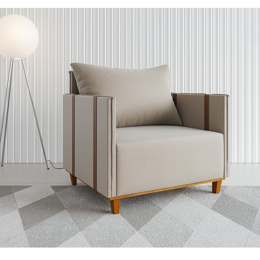 Poltrona Decorativa Pés em Madeira Linho Sofistic Bronze/Bege