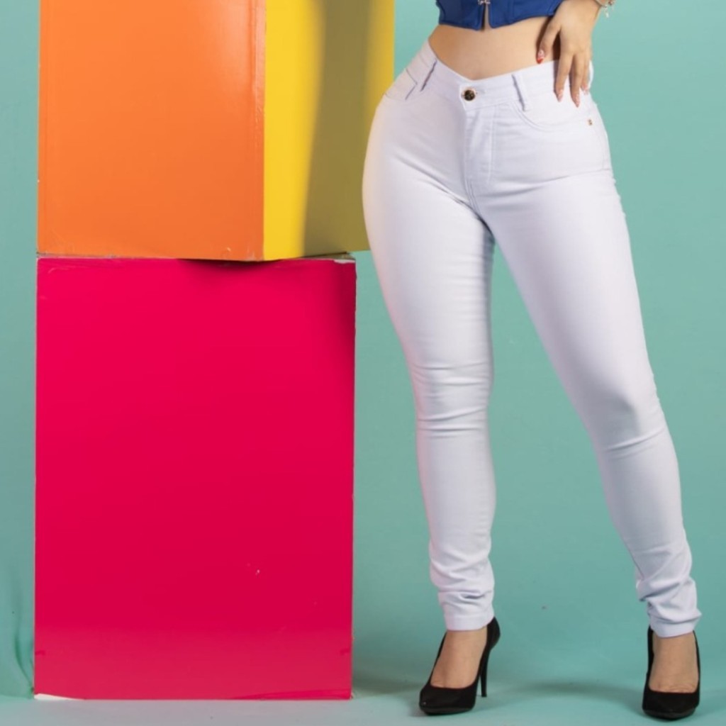 Calça Jeans Cintura Alta Barra Feita Branca Skinny Elastano
