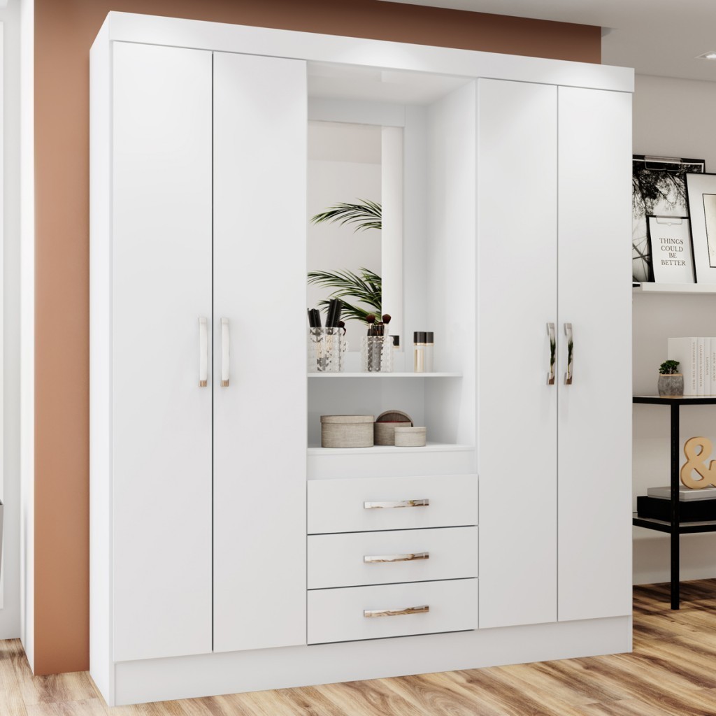 Guarda-Roupa Casal Catedral 4 Portas 3 Gavetas Flex Branco/Rosa Bci Móveis