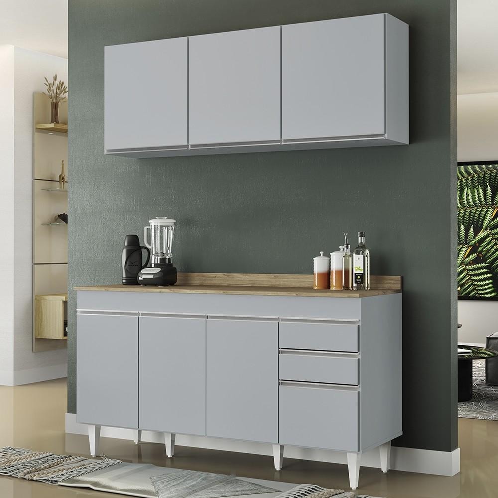 Armário de Cozinha Argélia e Balcão com Tampo 150cm Marrocos Cinza Claro/Castanho - Lumil em Oferta na Shopee