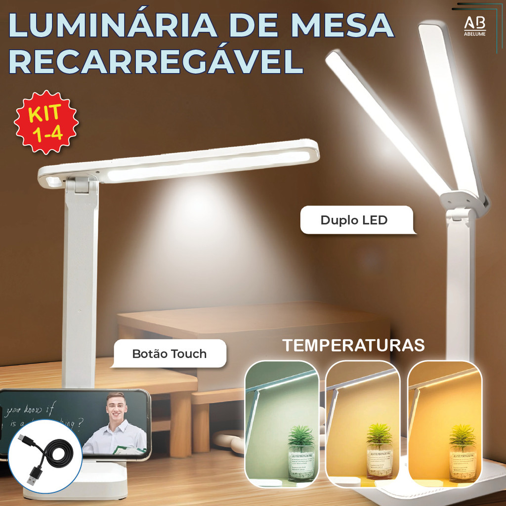 Luminária de Mesa Abajur Led Recarregável Portátil USB Duplo Led Botão Touch 3 Tons Luz Bivolt em Oferta na Shopee