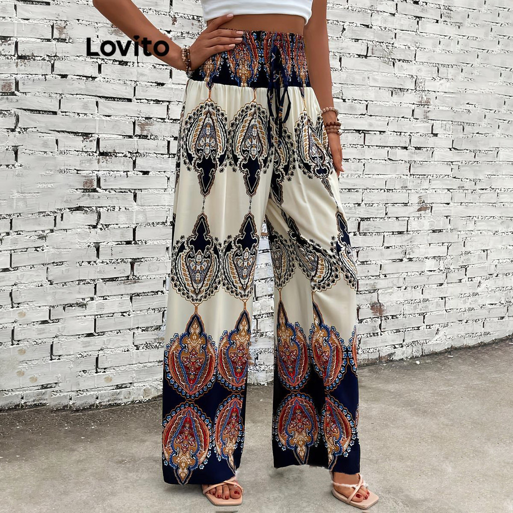 Lovito Calças Boho Tribal Print Smocked para mulheres LNL79297 - Women Clothes