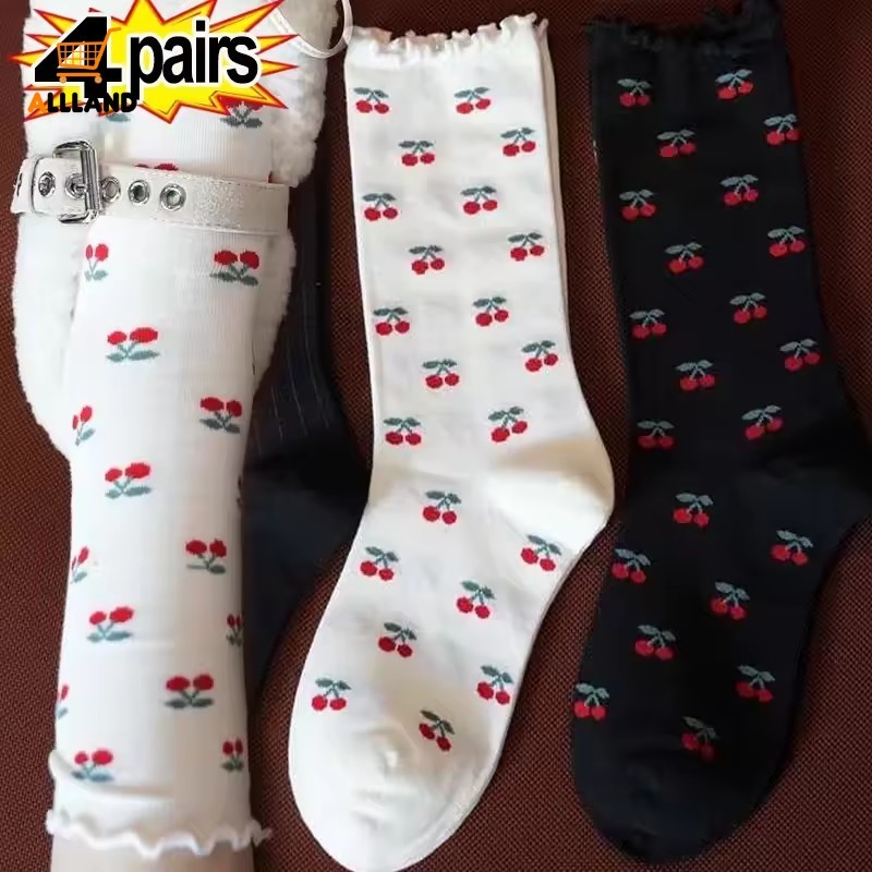 Meias Femininas Da Moda Harajuku – Fofas De Algodão De Poliéster Com Estampa De Cereja Design Respirável Confortável em Oferta na Shopee