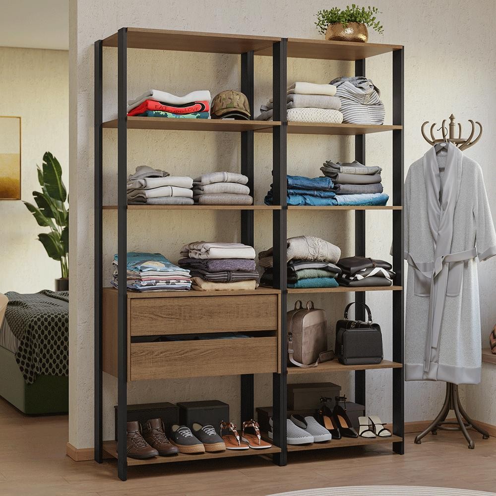 Guarda-Roupa Closet Modulado Valencia 2 Gavetas 9 Prateleiras 129cm Rustic/Preto Madesa - Home & Living