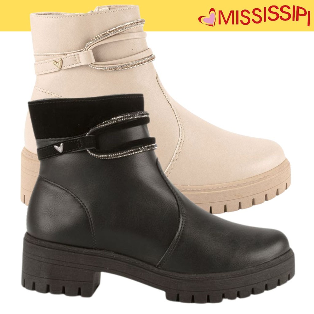 Bota Coturno Cano Curto Feminina Mississipi Tratorada Duas Tiras Strass Brilho Conforto