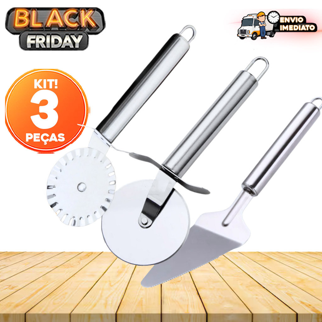 Kit 3 Peças: 2 Carretilhas Cortador de Massas (Pastel e Pizza) + 1 Espátula para Bolo em Aço Inox