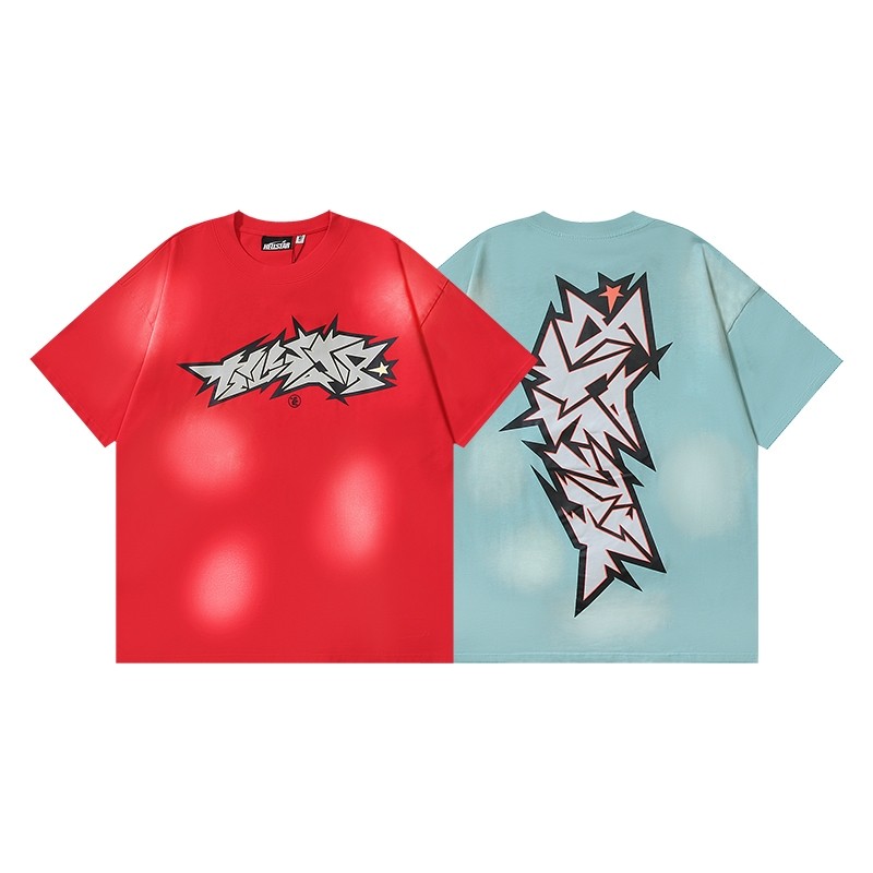 HELLSTAR Carta Vermelha Quebrada High Street Washed Vintage Manga Curta Para Homens Hip Hop Loose T Shirt