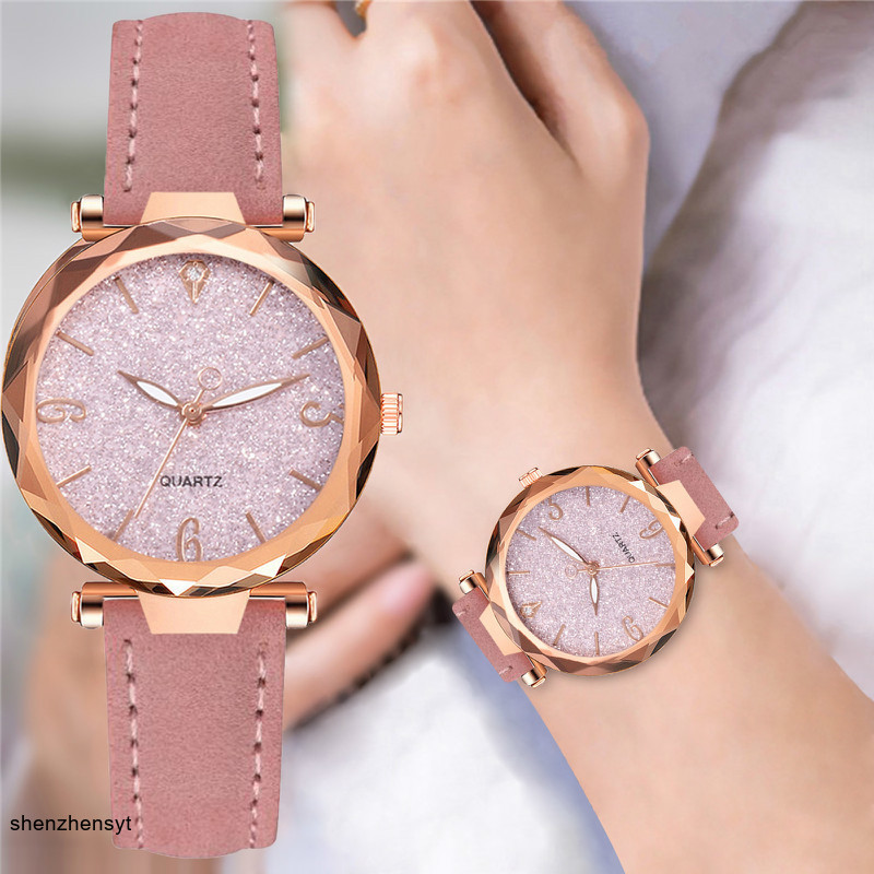 Relógio Mulher Moda Relógios De Couro Pulseira Starry Sky Lady Wrist relógio feminino brilhante Rosa