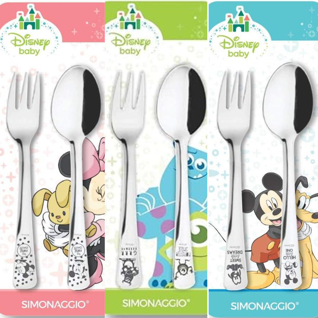 Talher infantil Kit 2 Peças Aço Inox Colher Garfo Disney Baby Minnie Mickey Monstros